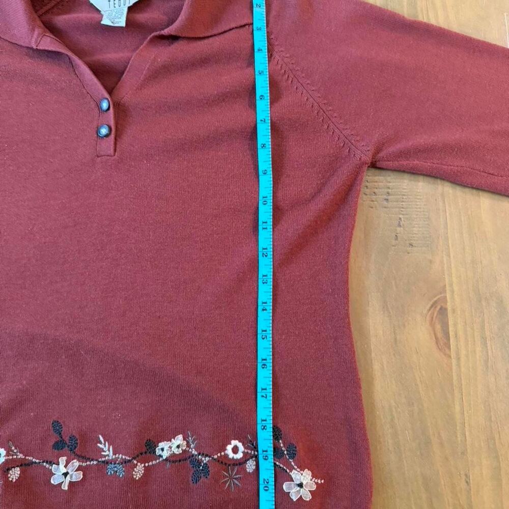 Teddi Rust Embroidered Knit Polo Sweater Cottagecore Autumn Floral Fall - Picture 7 of 8